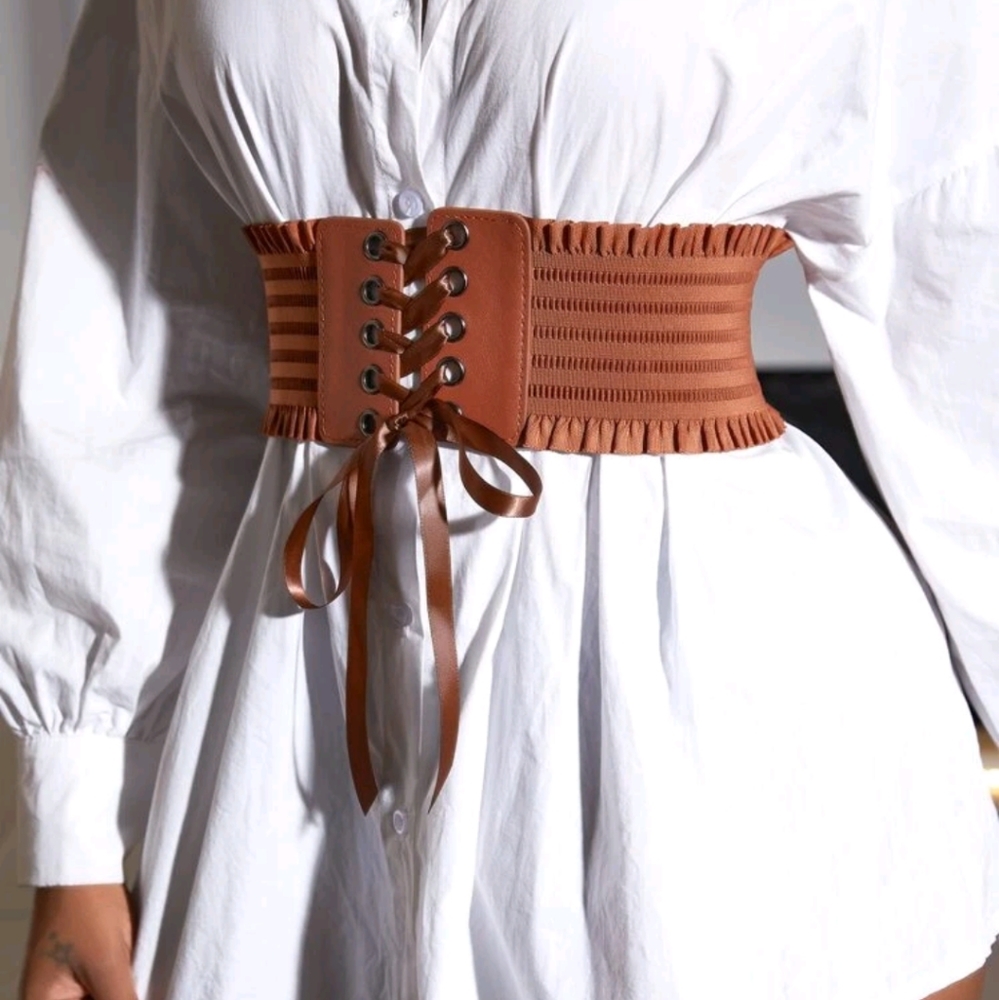 Brown Boho Corset Belt Lace Up Snaps Pirate Bohemian Cottagecore Bronze Western - Picture 3 of 6